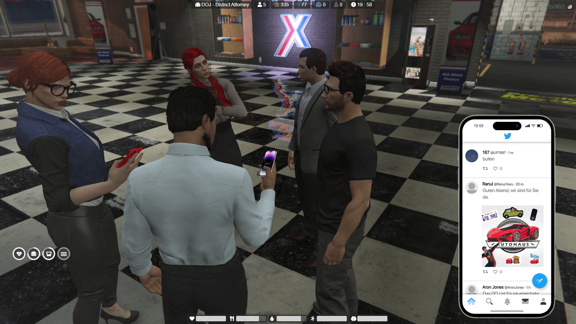 Marie, Jones, Jerry, Ranul, Lucy im Autohaus